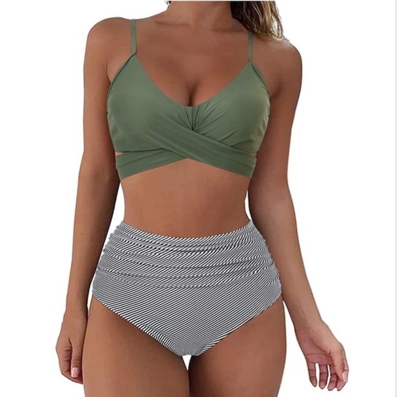 Other - NWOT Camo Striped Green Wrap Bikini Set Push Up High Waisted 2 Piece Swimsuit